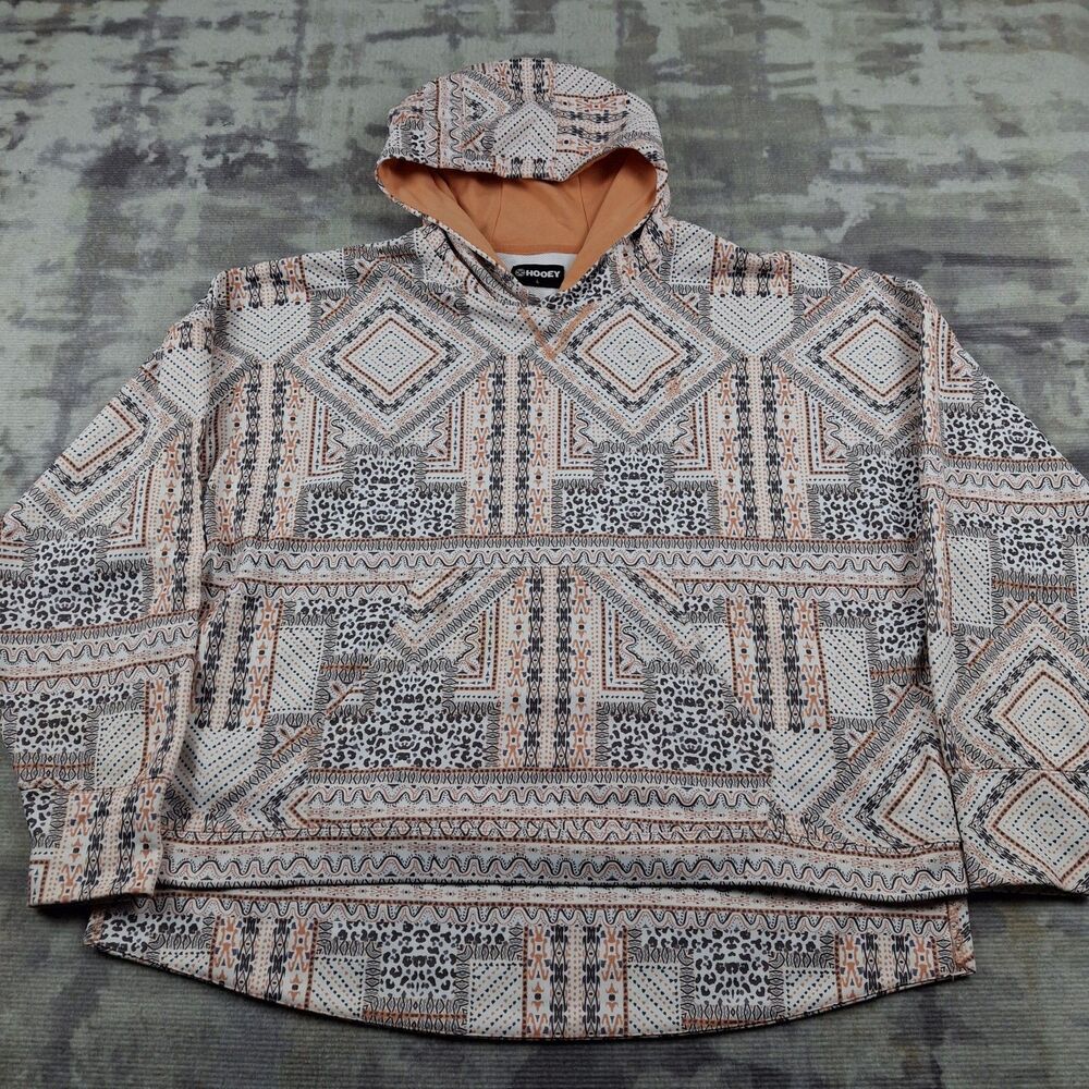 HOOEY Mens Hoodie Sweatshirt Aztec Geometric Western Pullover Orange Size L...